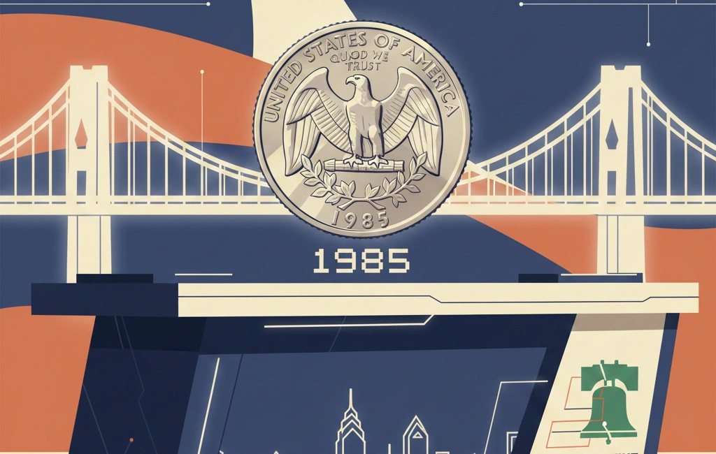 A Philadelphia-themed coin desk with a 1985 P quarter