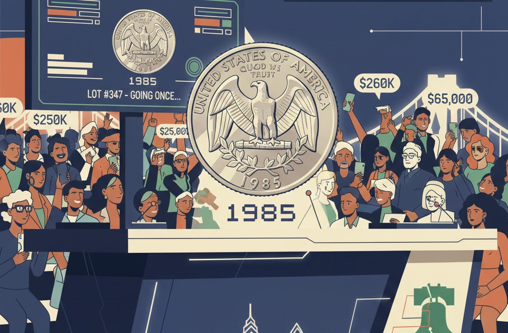 A coin auction scene focusing on a 1985 P quarter
