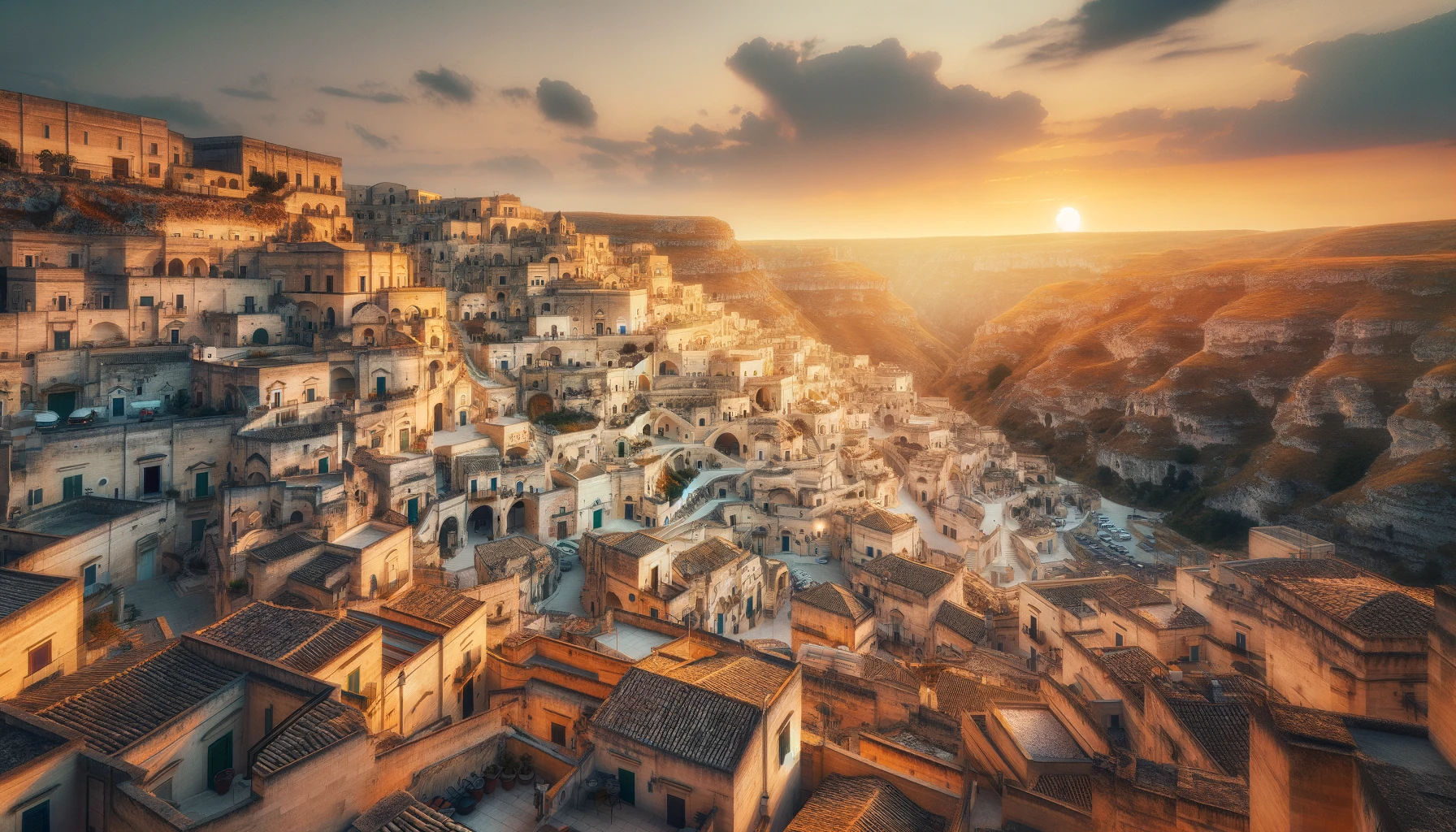 Cette image capture les demeures troglodytes uniques et les anciens sassi de Matera sous un coucher de soleil chaleureux. Elle inclut des maisons-cavernes taillées dans le calcaire, avec l'architecture ancienne de la ville se fondant harmonieusement dans le paysage rocheux. L'image est conçue pour mettre en évidence l'importance historique et culturelle de Matera, en soulignant la beauté intemporelle de son paysage urbain unique.