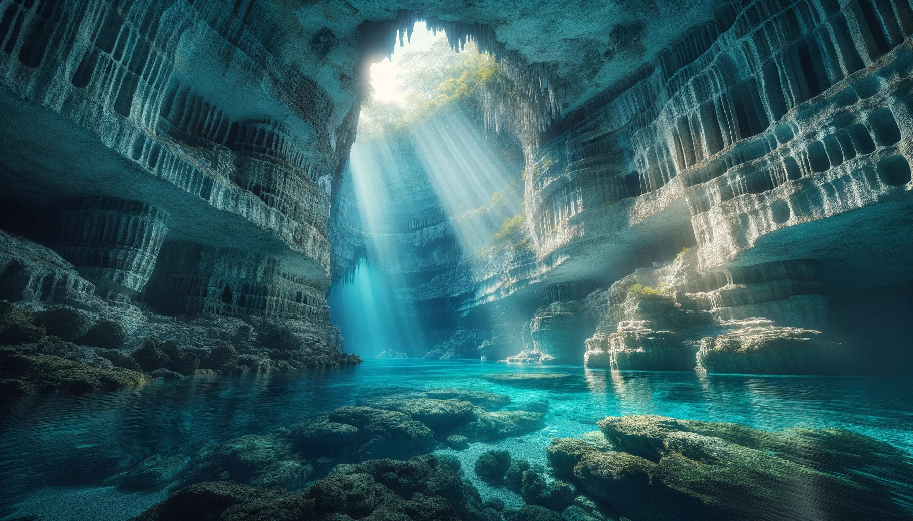 Serene beauty of the underwater caves in the Yucatan Peninsula, Mexico, with clear, turquoise waters and sunlight illuminating the intricate rock formations.