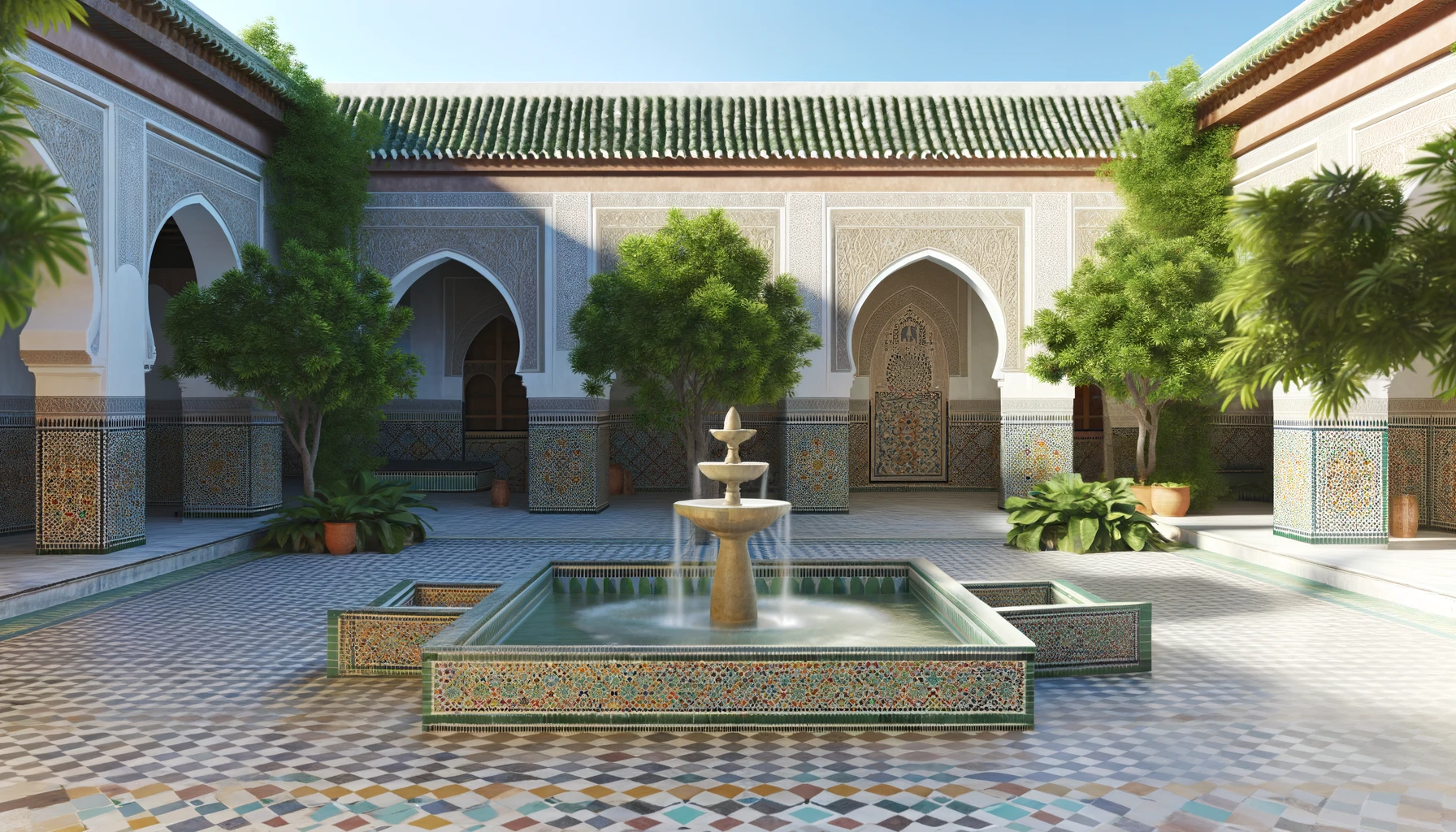 Serene traditional Moroccan riad courtyard with intricate tile work and a central fountain.