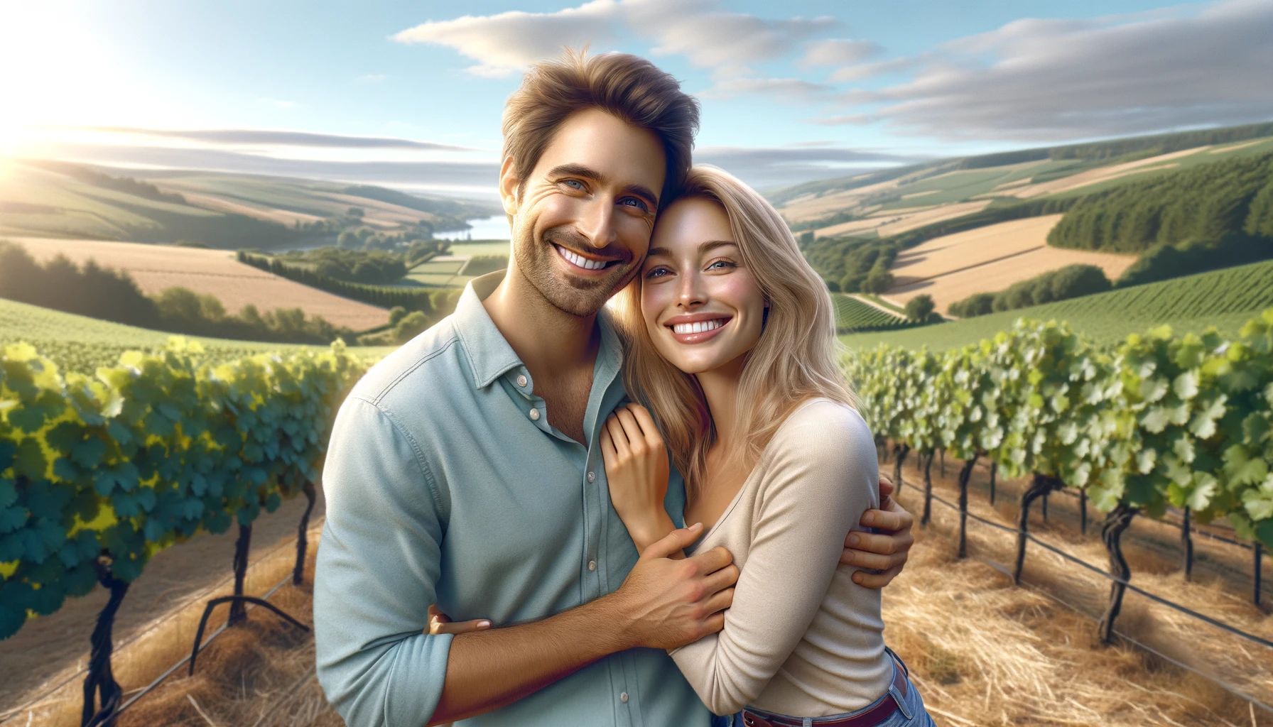 a smiling couple hugging in a vineyard in the Champagne region of France. The couple looks happy and in love, dressed casually, surrounded by lush grapevines and a beautiful landscape of rolling hills.