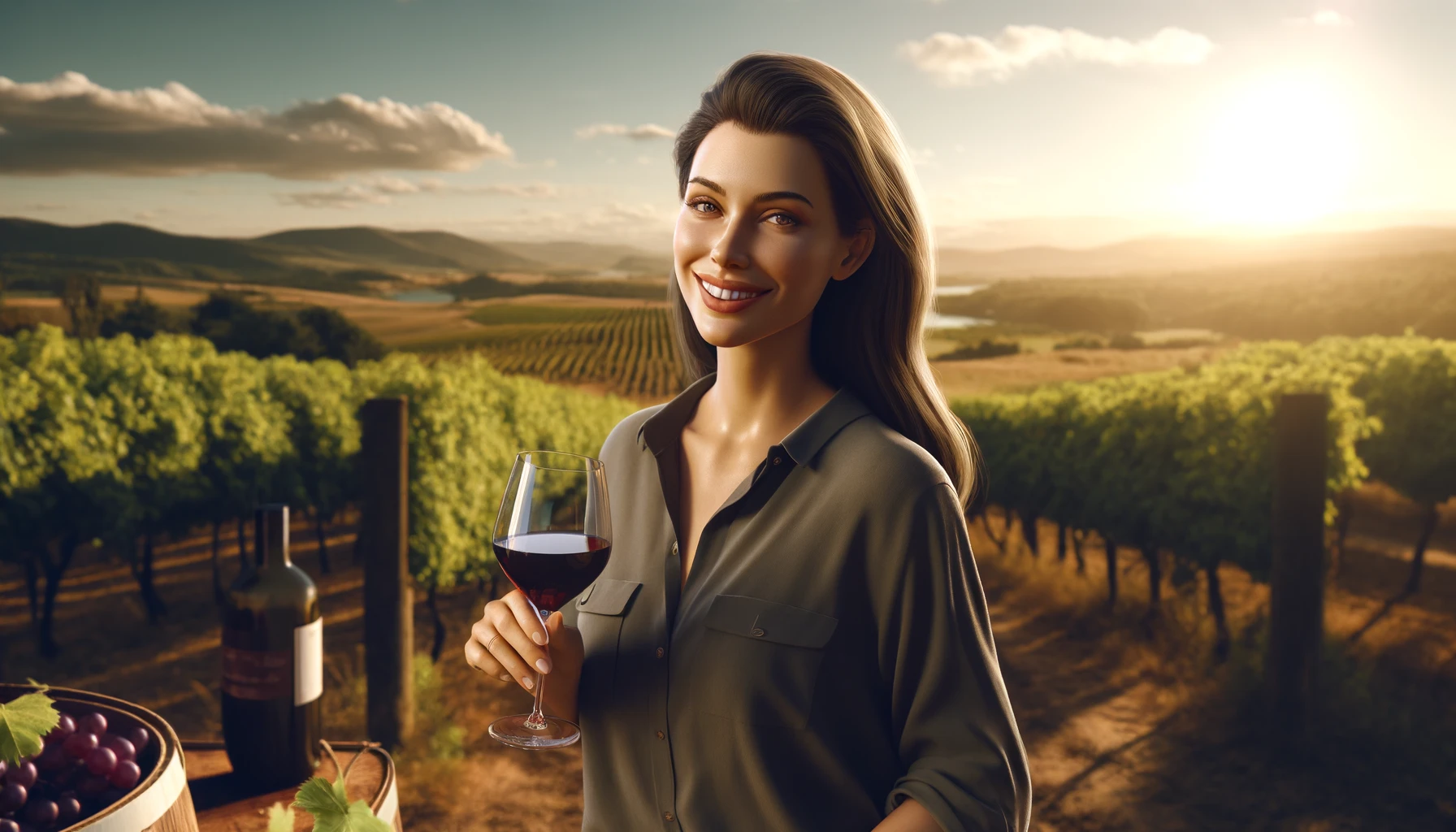 a woman drinking wine in a vineyard in the Bordeaux region of France.
