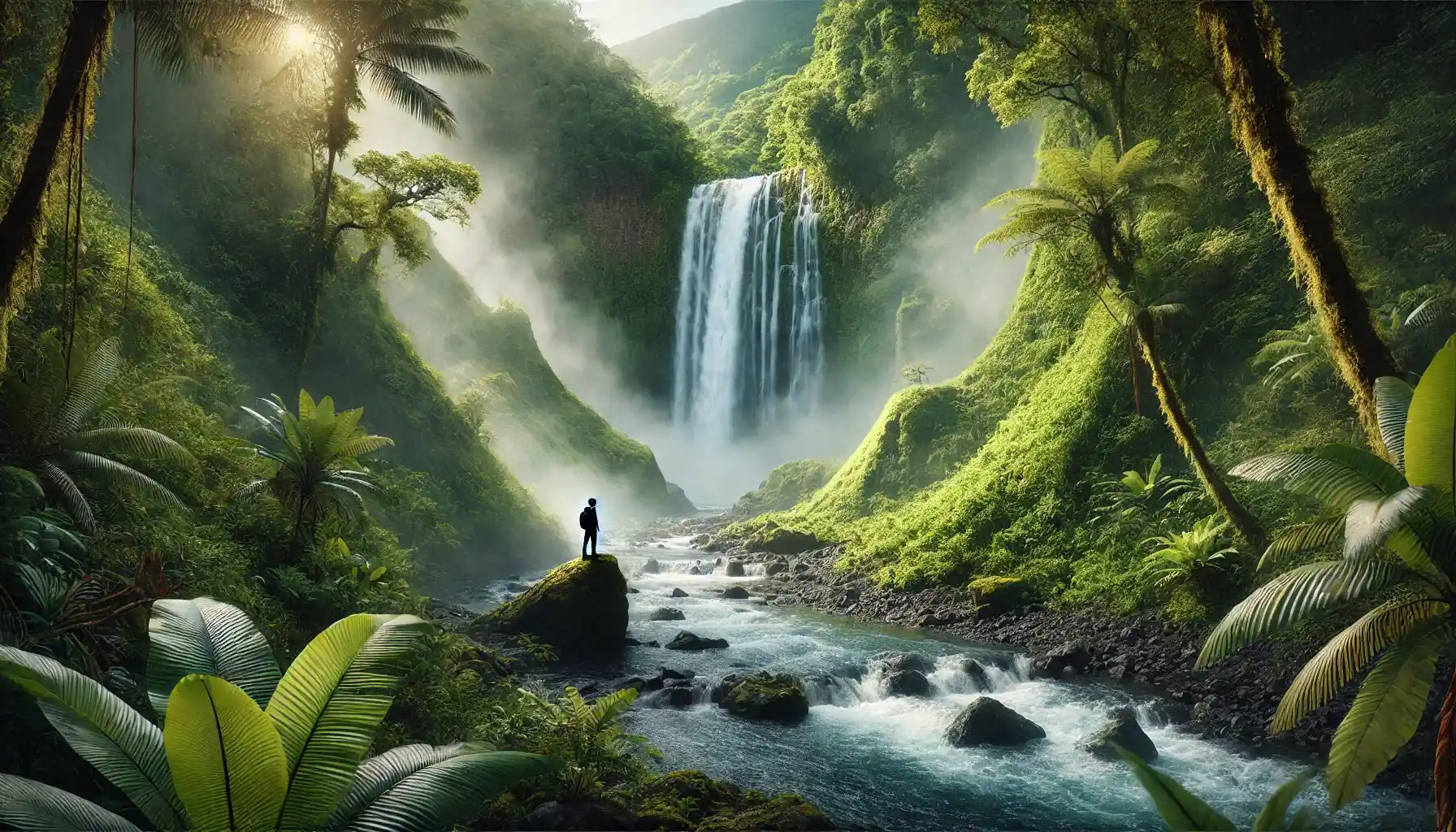 Chutes du Carbet in Guadeloupe, highlighting one of the cascading waterfalls surrounded by vibrant green tropical foliage.