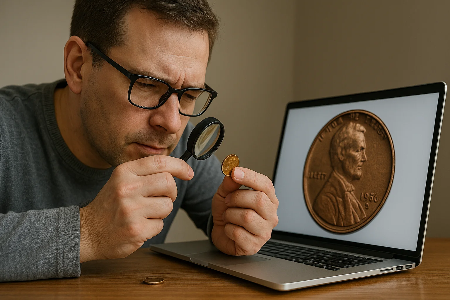 A collector closely compares a Lincoln Wheat penny in hand with a magnified image on a laptop screen to check key surface details and authenticity.